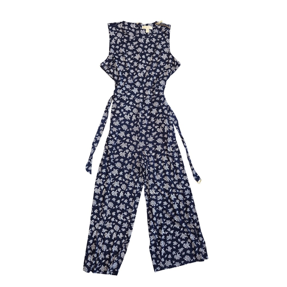 Michael Kors Navy Floral Sleeveless Wide Leg Jumpsuit Size XL - Picture 2 of 3